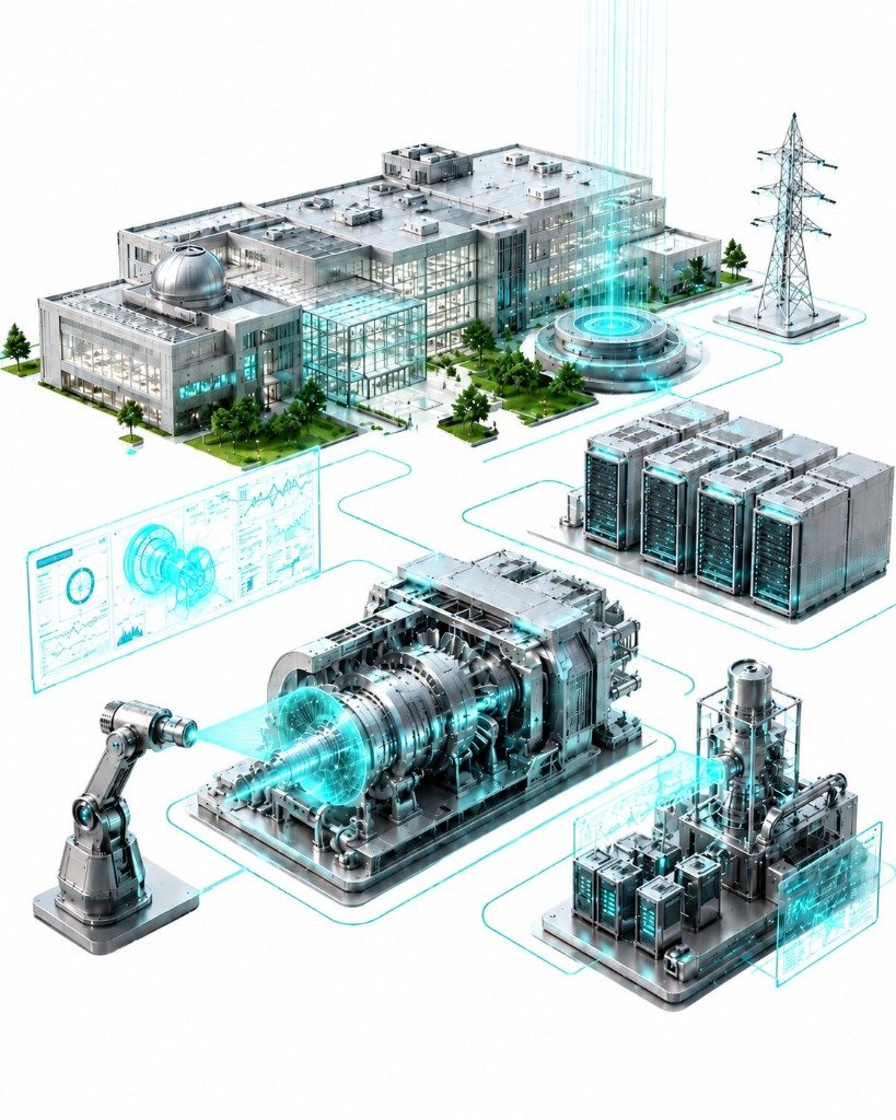 VAST power ecosystem: gas turbine, industrial facility, grid infrastructure, and energy systems connected by dispatchable power